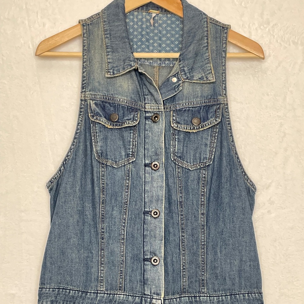 Free People Denim Maxi Dress Vintage Button Down Sleeveless Sz 12